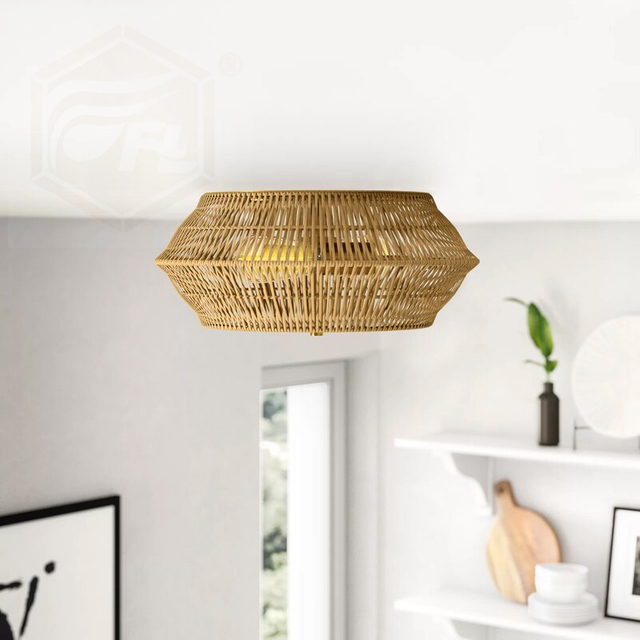 FL-011CL 2 - Light Rattan Caged Drum Flush Mount